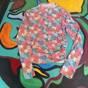 Cider Floral Long Sleeve Top Pink Blue Spring Office Flattering Mockneck Cottage